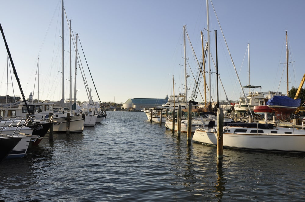 Boats docked in the Chesapeake Bay harbor.  Two brothers Roofing. Southern Maryland. 21114